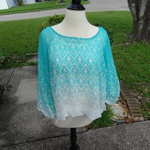 Quintessential Women's Blouse Sheer Overlay Aqua and White Size ox